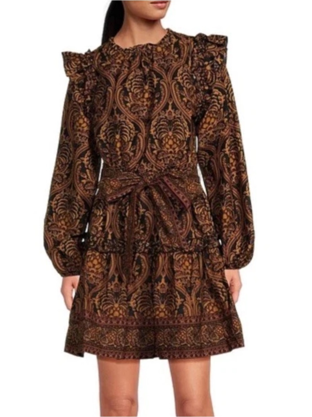 A Loves ADamask Print Voile
Ruffle Scoop Neck Long
Blouson Sleeve Self-Tie Waist